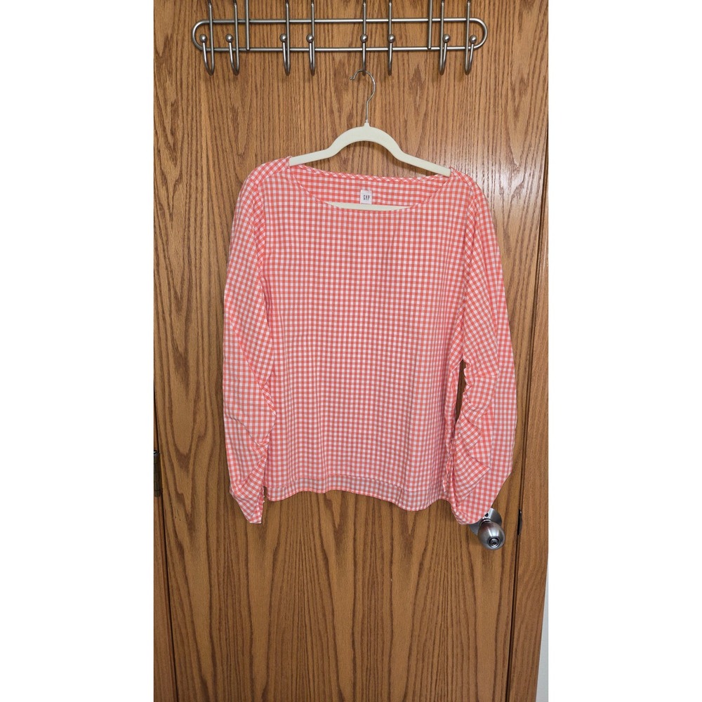 Gap Women Orange Gingham Ruched Sleeve Blouse XL Cotton Boat Neck Top